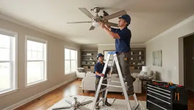 Electrician installing a ceiling fan in a Littleton, CO home acondicionado