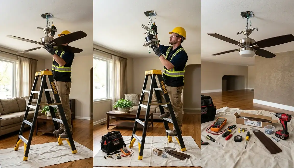 Electrician installing a ceiling fan in a Littleton, CO home during a professional electrical service visit