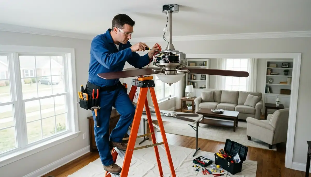 Electrician repairing a ceiling fan in a Littleton, CO home