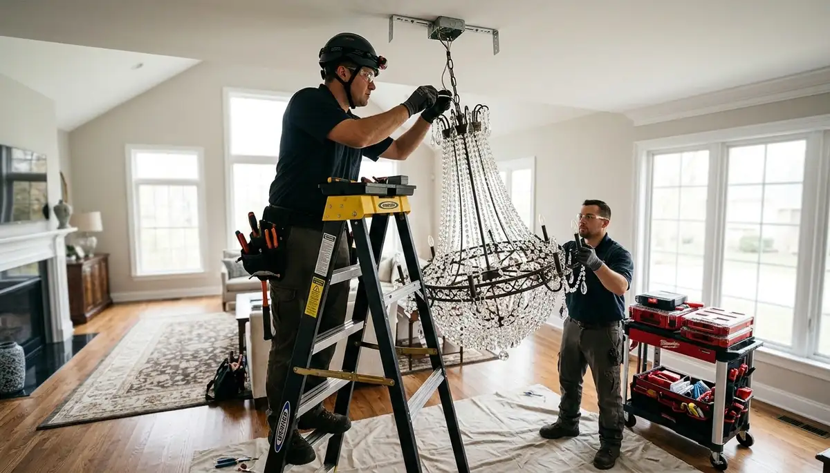 Chandelier installation by a professional electrician in a Littleton, CO home