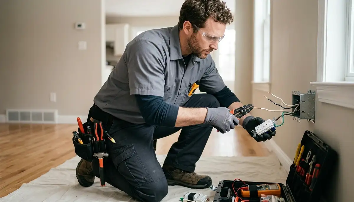 Electrician installing GFCI circuit protection in a Littleton, CO home
