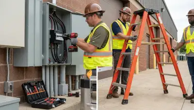 Electrician installing a lightning surge protection panel in a Littleton, Colorado home