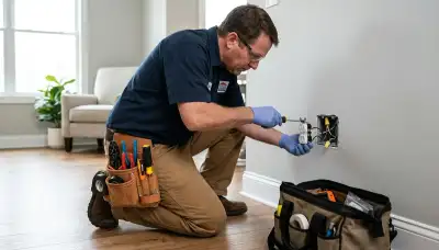 Electrician repairing a wall outlet in a Littleton, CO home