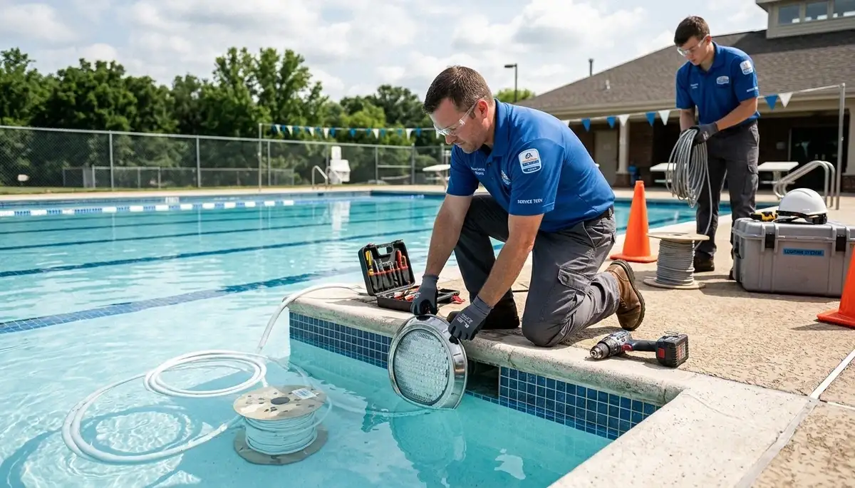 Littleton, CO electrician installing energy-efficient pool lights and outdoor wiring for a residential swimming pool