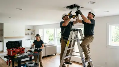 Electrician installing recessed lighting in a Littleton, CO home