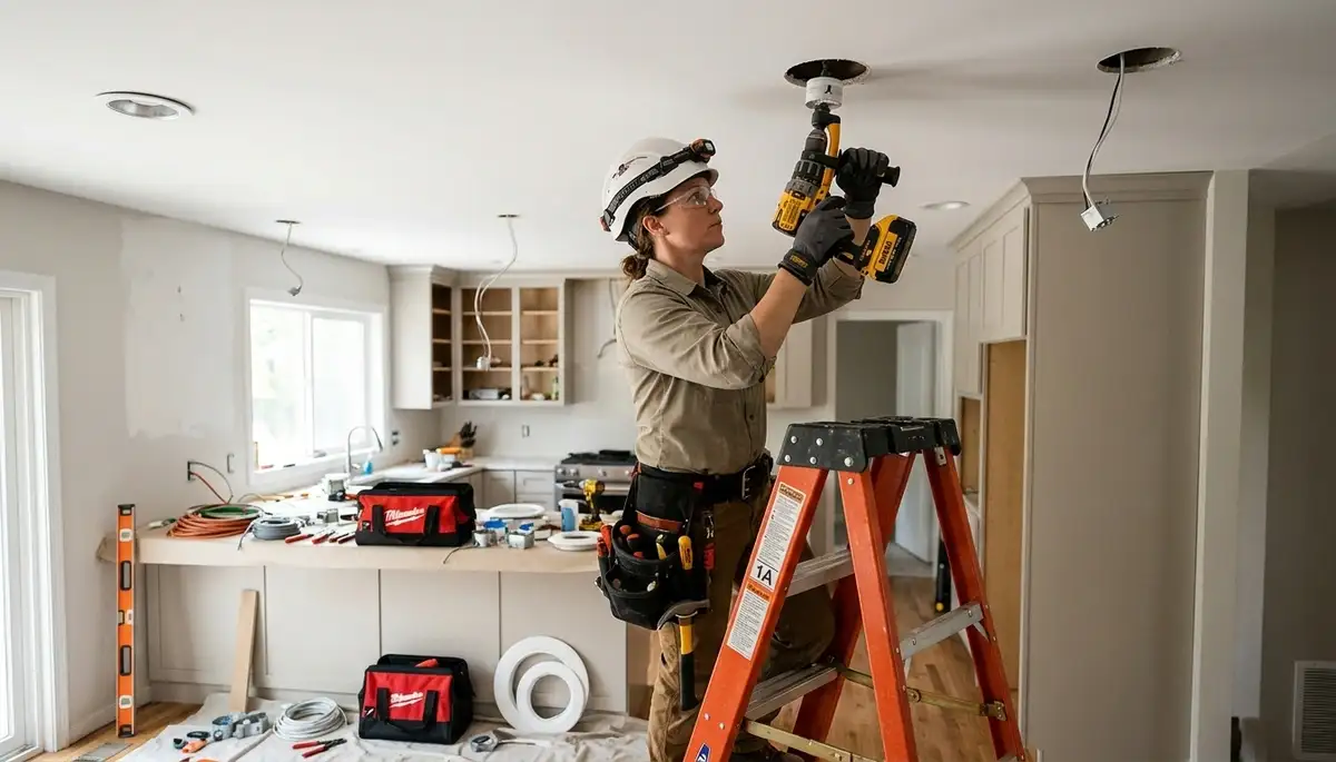 Electrician installing recessed lighting in a Littleton, CO home
