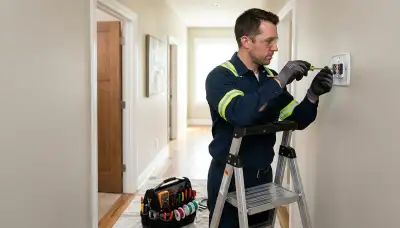 Electrician installing a thermostat in a Littleton, CO home