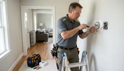Electrician installing a thermostat in a Littleton, CO home